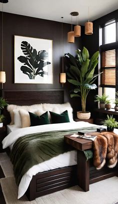 a large bed sitting in a bedroom next to a window with potted plants on it