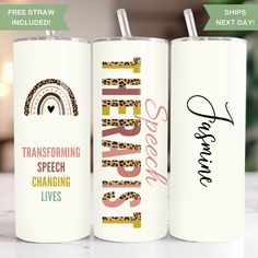 "Stay hydrated and inspired with this beautifully designed speech therapist tumbler, perfect for on-the-go professionals. The tumbler features an uplifting quote, \"Transforming Speech Changing Lives,\" accented with a rainbow and leopard print design, making it both functional and stylish. The high-quality build ensures your drinks stay at the desired temperature, whether hot or cold, making it an ideal choice for daily use. An added bonus, it ships the next day and comes with a free straw for immediate enjoyment! Although this tumbler is not available for personalization, it makes a fantastic ready-to-ship gift for friends or colleagues. This Tumbler makes a unique gift for a friend, loved one, or yourself!.  Featuring beautiful artwork with a gloss finish using sublimated graphics that Speech Therapy Gifts, Speech Language Pathologist Gifts, Therapy Gift, Speech Language Pathologist, Speech Therapist, Speech Language Pathologists, Spokane Wa, Stay Hydrated, The Next Day