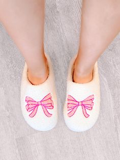 Pink Bow Slippers | Sassy Shortcake | sassyshortcake.com Preppy Bedroom Slippers Bow, Cute Affordable Pink Slippers, Casual Pink Fluffy Slippers, Pink Fluffy Bunny Slippers, Playful Pink Non-slip Slippers, White Slippers, Shoe Gifts, Creamy White, Pink Bow