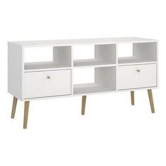 a white entertainment center with three drawers and two wooden legs