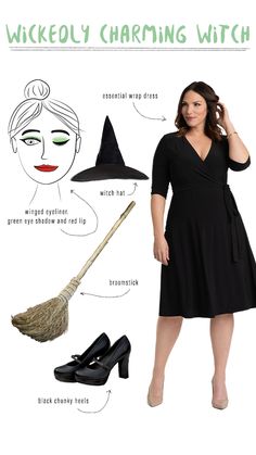 a woman in black dress and witches hat with text describing how to wear witch hats