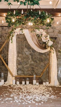 modern geometric wedding ceremony backdrop draping on hexagon wood arch with champagne sequin fabric drapes led lights hanging crystals rose petals and candles Wedding Ceremony Backdrop Indoor, Hexagon Wedding, Modern Wedding Ceremony, Wedding Wall Art, Indoor Wedding Ceremonies, Elegant Modern Wedding, Wedding Ceremony Arch, Rustic Wedding Decorations, Wedding Arbour