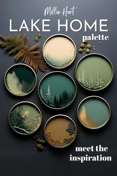 the front cover of lake home magazine, featuring four plates with trees and leaves on them