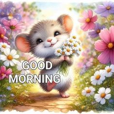 a painting of a mouse with daisies in its paws and the words good morning on it