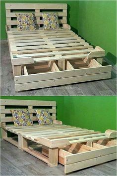 the bed frame is made out of wood