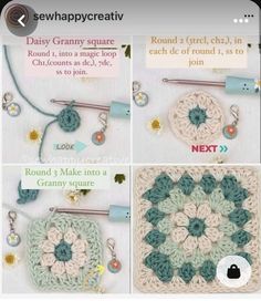 the instructions for crochet are shown in three different pictures, including a granny square and