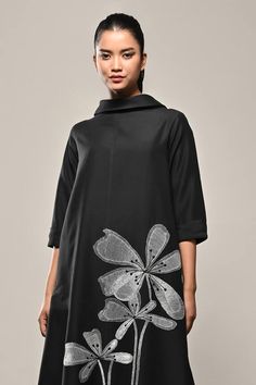 Black dress with silver thread embroidery in floral, leaf pattern and round high neckline. - Aza Fashions Flower Embroidered Dress, Thread Embroidery, Flower Dress, Silk Embroidery, Fashion App, Dress For Women, High Neckline, Flower Dresses, Embroidery Thread