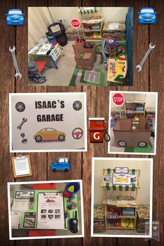 there is a display with cars and signs on the wall in front of it that says, abac's garage