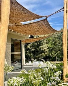 an outdoor area with plants and flowers in the foreground, covered by straw umbrellas