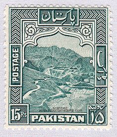 an old pakistan stamp with the image of a valley and mountains in purple, on a black