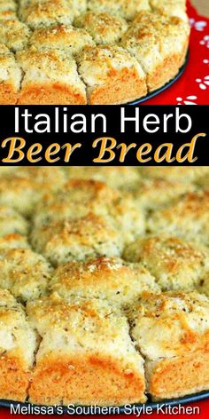 this is an image of italian herb beer bread with cheese on top and in the middle