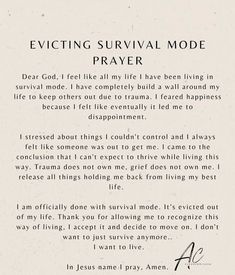 a poem written in cursive writing that reads, evicing survival mode prayer