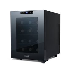 the wine cooler is black and has two shelves for storing bottles, one with an open door