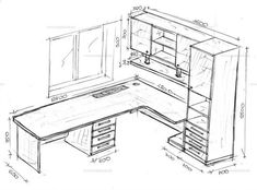 a drawing of an office desk with drawers and cupboards in the center, along with shelves