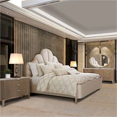 a bedroom with a bed, dressers and mirror in it's center area