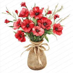 watercolor painting of red flowers in a burlocked vase with ribbon tied around it