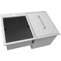 an image of a stainless steel sink with the door open and no faucet