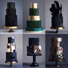 six different cakes with black and gold designs on them, all decorated in different colors