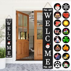 the welcome sign is next to an open front door with many stickers on it