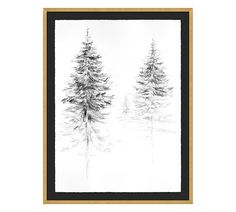 two pine trees in the snow on a white background with black border and gold trim