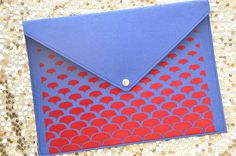 a blue envelope with red fish scales on it