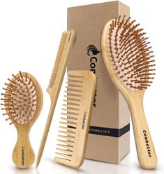 [Complete Set]: This set includes four items: a regular-sized cushion brush, a mini travel-sized brush, a bamboo wide-tooth comb, and a tail comb. It also comes with replacement bamboo pins. Suitable for all hair types. This hairbrush and comb set is perfect for all hair types and is an essential addition to your daily hair care routine. [Eco-friendly]: Made from premium natural bamboo, these brush and combs come with many natural properties that are beneficial for your hair. They are safe to use for the environment as well. [Soothing scalp massage]: Both the large and mini brush have air holes, providing a soothing and calming effect when the bristles touch your scalp. You'll love brushing your hair with these brushes. [Easy detangling]: The wide-tooth comb makes detangling easy, even if Bamboo Hairbrush, Massage For Women, Bamboo Hair Brush, Hair Brush Set, Hair Care Tools, Bamboo Brush, Comb Set, Hair Supplies, Detangling Brush