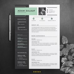 a clean and modern resume template with green accents on the cover, next to a plant