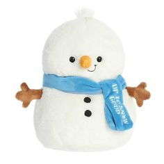 a stuffed snowman with a blue scarf around its neck