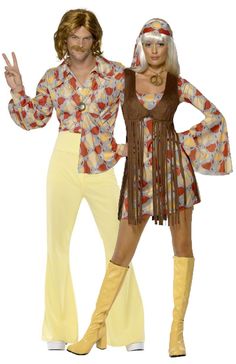 two people dressed in 70s style clothing posing for the camera with one holding his hand up