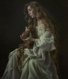 a painting of a woman with long hair wearing a white dress and holding a rose