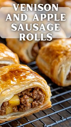 an image of meat and apple sausage rolls on a grill with text overlay that reads, venison and apple sausage rolls