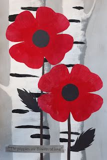 an acrylic painting of two red flowers on a white background with black accents