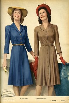 Women 1940s, 40s Mode, 1940s Costume, 1940s Women, Fashion 1940s, Shirtwaist Dress