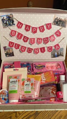 a birthday gift box filled with personal care items