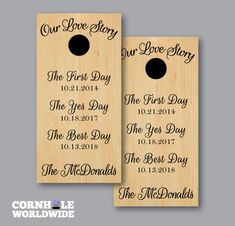 two wooden door hangers that say our love story and the first day