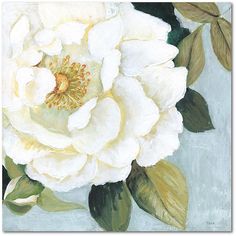 a painting of a white rose with green leaves