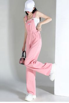 Loose Wide Leg Pink Denim Jumpsuits – Tomscloth Solid Cotton Denim Jumpsuit For Summer, Summer Cotton Denim Jumpsuit, Spring Denim Overalls In Solid Color, Solid Cotton Overalls, Spring Denim Overalls, Spring Solid Color Overalls, Casual Solid Denim Jumpsuit For Spring, Casual Non-stretch Cotton Overalls, High Waist Overalls For Spring