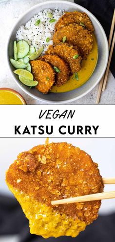 two plates with different types of food on them and the words vegan katsu curry