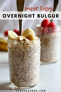 two small jars filled with oatmeal and bananas on top of a table