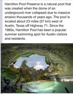 an image of the inside of a cave with water and trees in it, as well as text