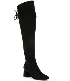 From Gianni Bini&#x2C; the Laredo Over-the-Knee Boots feature:Stretch fabric upperClean over the knee silhouette with tie detail at topSingle sole block heel constructionHalf zip closure at ankleSynthetic lining4 MM padded memory foam sockRubber outsoleApprox. 20.47" boot shaft heightApprox. 12.99" narrow shaft circumferenceApprox. 13.77" standard shaft circumferenceApprox. 2.36" heel heightImported. Fitted Black Knee-high Boots With Reinforced Heel, Slim Calf Boots, Slim Calves, Modern Black Knee-high Boots Medium Width, Sleek Black Knee-high Boots Medium Width, Calf Stretches, Knee-high Boots With Zipper Closure, Medium Width, Black Knee-high Boots With Zipper Closure, Calf Boots