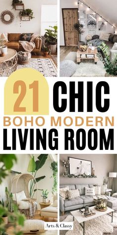 chic boho modern living room collage with text overlaying the image