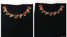 two black shirts with red and green flowers on them