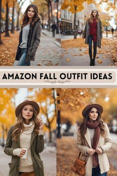 four different pictures of women wearing hats and scarves in the fall or winter, with text overlay that reads amazon fall outfit ideas