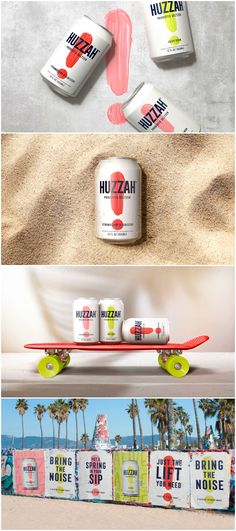an advertisement for the brand huzzah is shown in three different colors and sizes