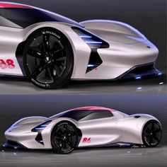 the concept car is shown in two different views, one with red and white stripes