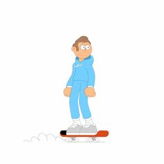 a cartoon man riding a skateboard on a flat surface with one foot in the air