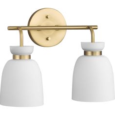 two light bathroom fixture with white glass shades and gold metal arms, on an off - white background