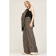 Brown plaid crepe (64% Polyester, 34% Rayon, 2% Spandex). Pants. Front zipper closure. 34" inseam. 13" rise. Imported. Chic Plaid Wide Leg Pants, Chic High-waisted Plaid Pants, Plaid High-waisted Wide Leg Pants For Fall, Fall Plaid High-waisted Wide Leg Pants, Chic Plaid Straight Leg Pants, Plaid Long Pants For Work, Tailored Plaid Pants For Fall, Plaid Wide Leg Bottoms For Fall, Plaid Straight Pants For Fall