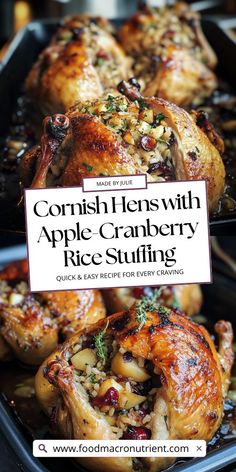 some food that is sitting in a pan on the table and has a sign reading gornish hens with apple cranberry rice stuffing